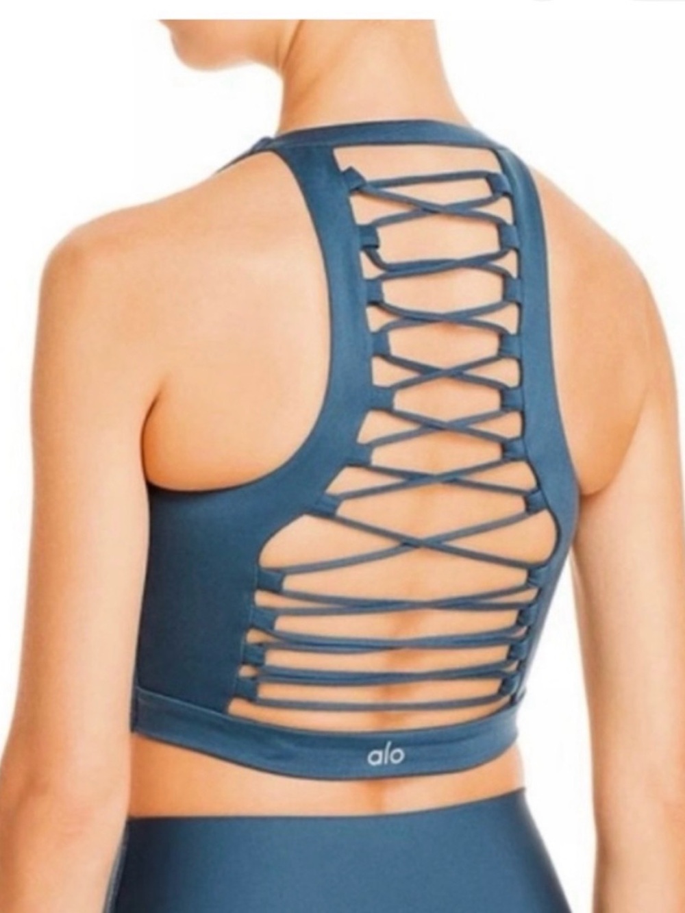 Alo Black Lace Up Crop Top navy blue sz M medium